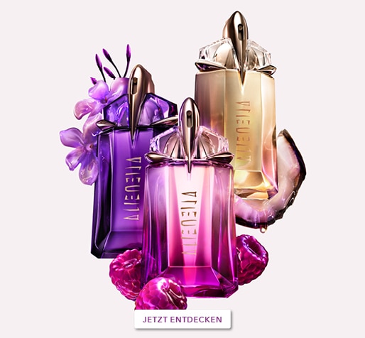 Mugler Alien Duftkollektion mit drei ikonischen Parfumflakons in Violett-, Pink- und Goldtönen